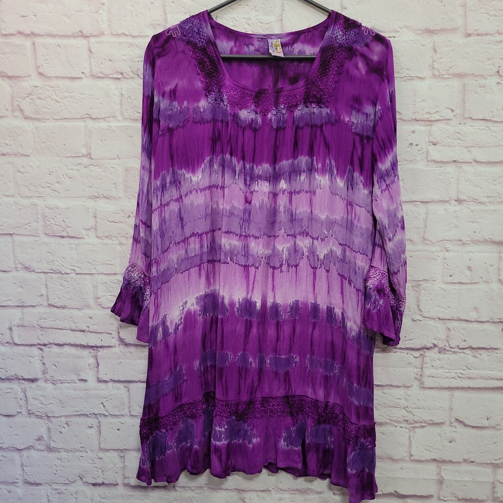India Boutique Purple Tie Dye Tunic Dress FS Crochet Boho Hippie Cottagecore
